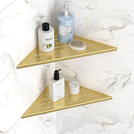 Corner Shower Shelves, 12” Recessed Tile Shower Shelf, 304 Stainless Steel Grout in Corner Tile Shower Shelves, No Drilling, Brushed Golden, 2 Pack