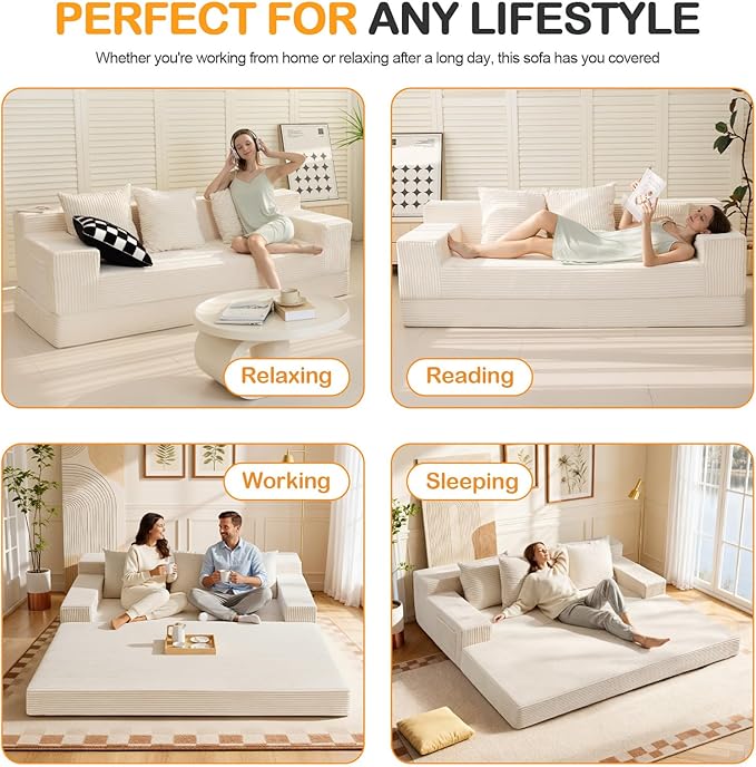 Convertible Futon Sofa Bed Couch, 78'' Corduroy Folding Sofas Bed, Compression Boneless Floor Couch Sofa Beds with 3 Pillows for Living Room Bedroom Apartment