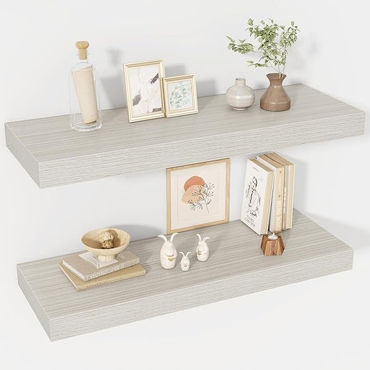 30 Inch Floating Shelves, 12" Deep Floating Shelf Wall Mounted, 30" Wall Shelves, Rustic Deep Bookshelf, Extra Deeper & Thicker Display Shelves for Bedroom, Living Room, Gray, Set of 2