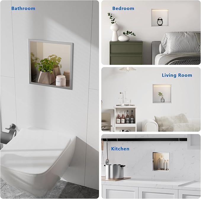 QAOYEDE 12"x12" Recessed Shower Niche with Light, Stainless Steel LED Light Bathroom Shelf, No Tile Needed Waterproof Insert for Wall Storage, Brushed Nickel