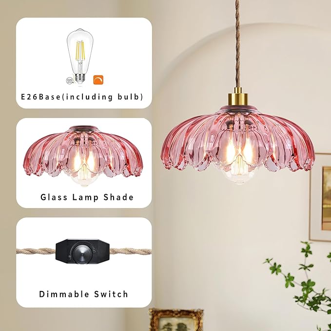 Pink Plug in Pendant Light Hanging Lights with Plug in Cord Boho Hanging Lamp Glass Gold Mid Century Modern Vintage Dimmable Flower Plug in Chandelier Ceiling Fixture for Living Room,Kitchen