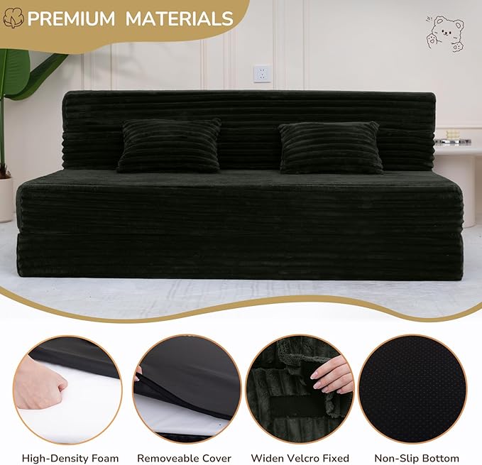 Folding Sofa Bed Queen Size, Convertible Sleeper Chair Loveseat with Pillow, Futon Chair Sofa Bed, Fold Out Floor Couch, Foldable Mattress for Living Bedroom Guest Room Dorm, Charcoal Moss Grey