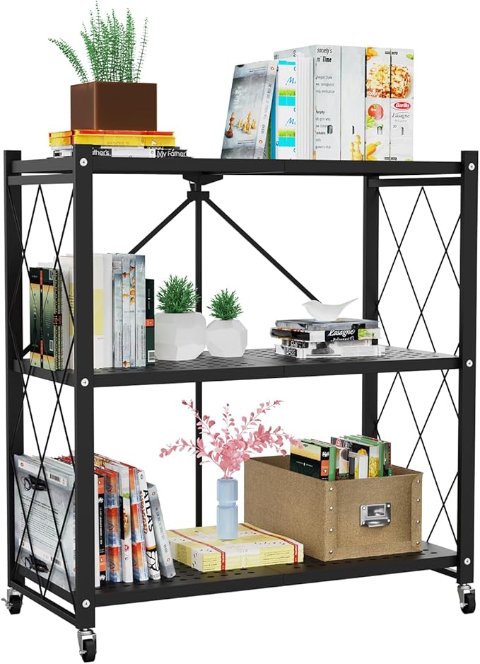 3-Tier Foldable Storage Shelf with Wheels | Metal Rack Collapsible Shelving Display | Rolling Cart for Books Kitchen Storage Shelves | Pantry & Closet Organizer | Office Room Decor