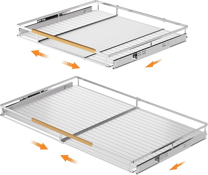 SANNO Expandable Pull Out Drawer Organizer and Storage, Cabinet Pots Pans Organizer Sliding Shelf Under Sink Shelf Dish Drying Rack with Stainless Steel Utensil Holder Large Dish Rack Drainer