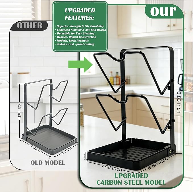 Pot Lid Holder While Cooking, 2-Tier Heavy Duty Pot Lid Organizer with Drip Tray & U-Shaped Groove, Multifunctional Storage Rack for Stove Top & Kitchen Countertop - Black
