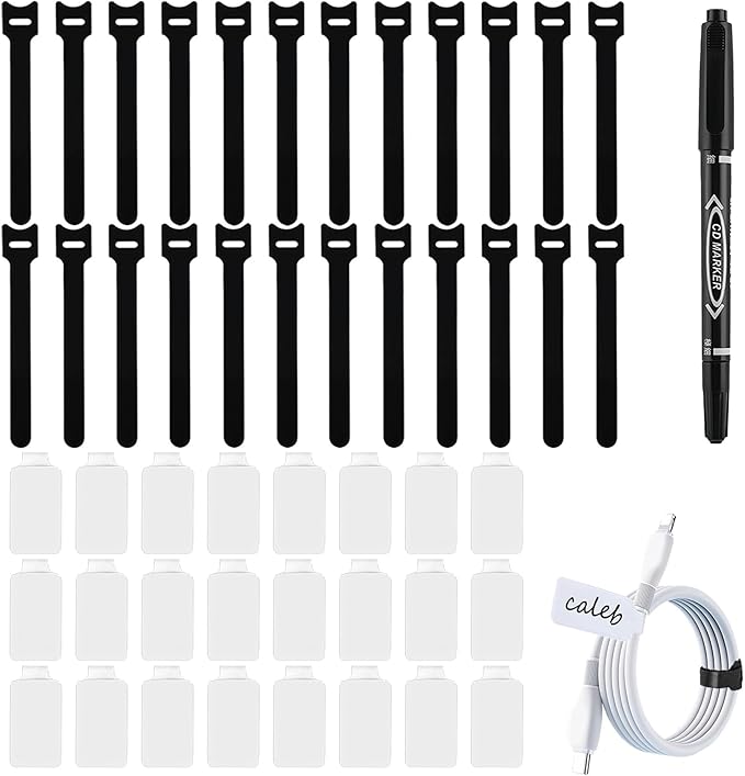 48 Pcs Cable Labels with Black Marker & Reusable Hook and Loop Ties - 24 Pcs Write-On Wire Labels + 24 Pcs Cable Ties for Electronics, Computer, Home and Office Cord Organization and Identification