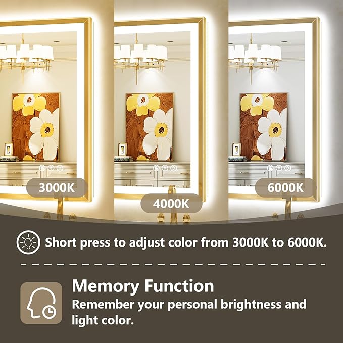 48x40 Gold Framed LED Bathroom Mirror with Lights, Backlit and Front Light, Lighted Bathroom Vanity Mirror for Wall Dimmable Anti-Fog Memory Tempered Glass Horizontal/Vertical