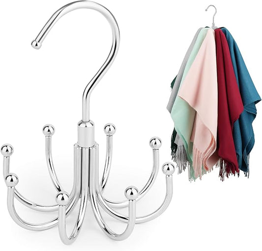 ZEDODIER Scarf Organizer Scarf Hanger for Closet, Rotatable Sturdy Hijab Holder Holds 8 Scarves, Metal Space Saving Closet Organizers and Storage, Silver