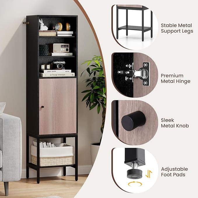 Giantex 57” Tall Bathroom Storage Cabinet, Floor Cabinet with Door, Adjustable Shelves & Foot Pads, Metal Legs, Anti-Tipping Kit, Slim Bathroom Storage Unit for Living Room, Kitchen (Black)