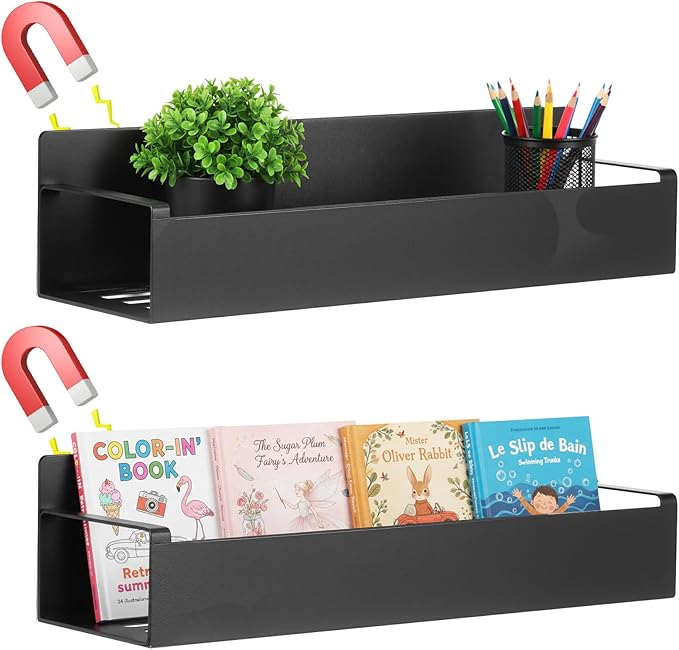 2 Pcs Magnetic Spice Rack for Refrigerator,Heave Duty Magnetic Shelf for Kitchen,Magnet Book Shelf for Whiteboard,Space Container,Drill Free, Black