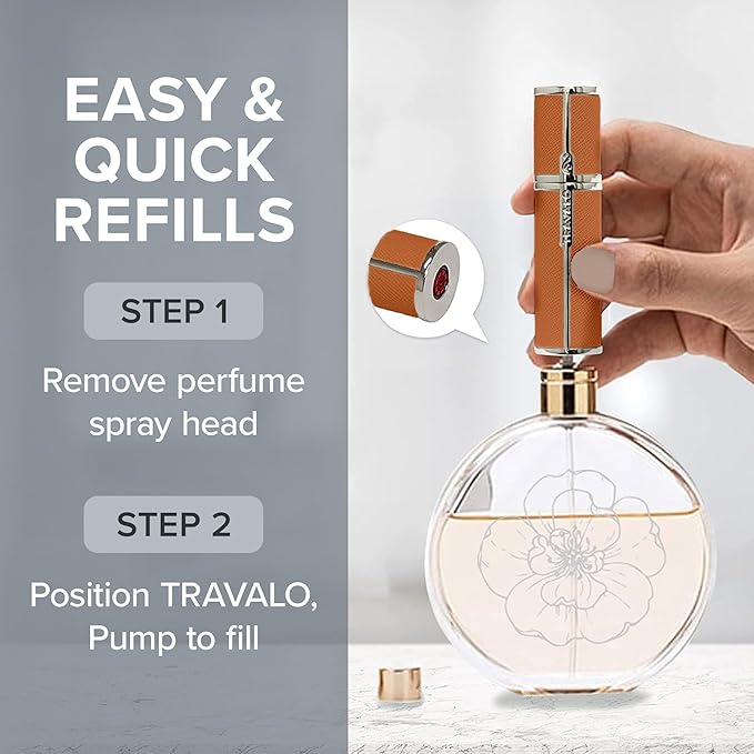 Milano Perfume Atomizer - Leak-Proof and TSA Approved for Air Travel - Reusable, Airtight, Easy Fill Mini Pump Sprayer - Lightweight, Vegan Leather with Polished Metal Outer Shell - Orange
