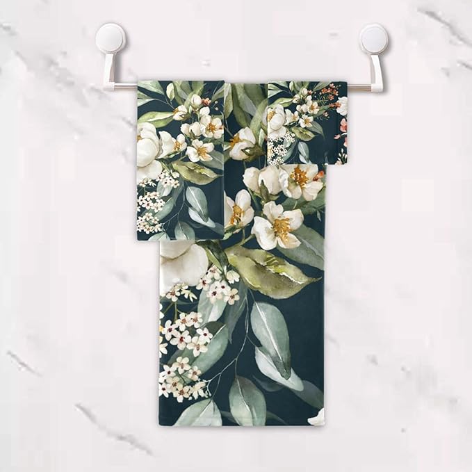 Orange White Floral Bath Towel Set - 3 Piece Vintage Green Leave Flower Set (1 Bath, 1 Hand, 1 Washcloth) - Absorbent Decorative Bathroom Towels for Fingertip, Hair, Face