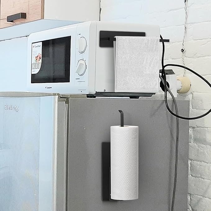 Paper Towel Holder Black, Magnetic Paper Towel Holder for Fridge, Toilet Paper Roll Holder Magnet Towel Rack Wall Mount Fridge Organizer for Paper Towels Rolls Bathroom Pantry RV Kitchen