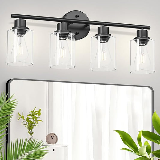4-Light Black Bathroom Light Fixtures, E26 Modern Vanity Lights for Bathroom with Clear Glass Shade, Wall Lamps for Mirror Hallway Kitchen Cabinet Living Room Sconces Lights