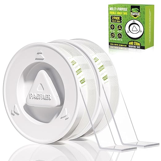 Double Sided Tape Heavy Duty, Double Sided Mounting Nano Tape 16.4FT, Clear & Tough Two Sided Adhesive Tape, Removable Picture Hanging Strips for Wall, Poster, Carpet, Home Office, 2 Pack