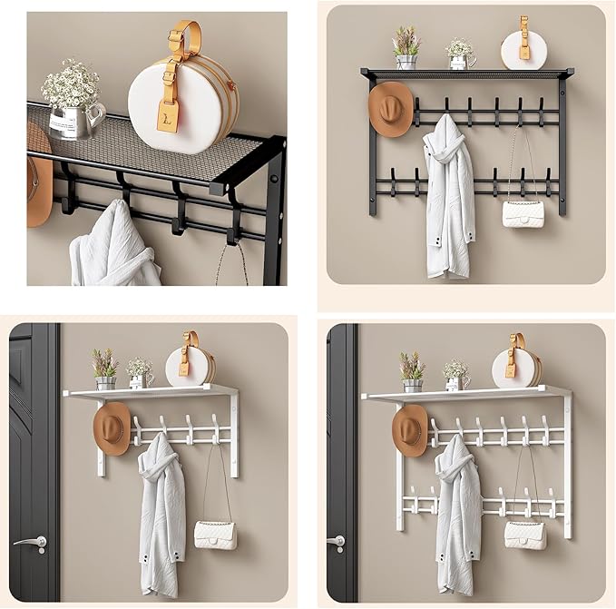 Wall Mount Coat Rack with Shelf and Adjustable Hooks - Entryway Towel Organizer for Bag and Hangers (Black, 24x12 inch)