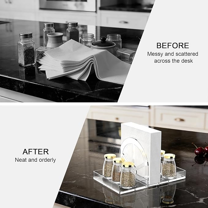 Acrylic Napkin Holder with Magnetic Assembly, Clear Space-Saving Napkin Dispenser & Salt Pepper Shakers Caddy, Modern Organizer for Kitchen Counter, Dining Table, Small Spaces, Office or Party（Large）