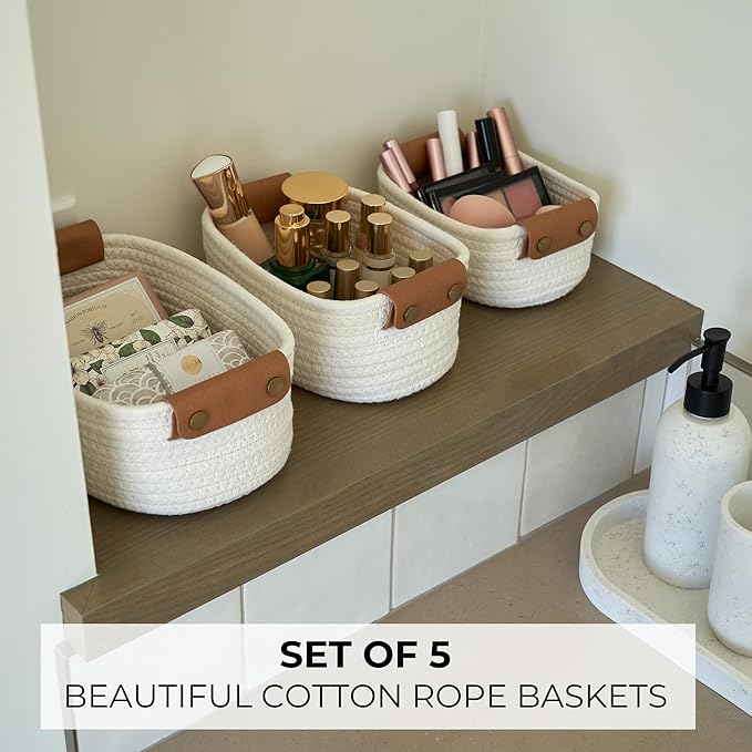 Storage Basket Set of 5 - Cotton Rope Organizer Bins for Home, Nursery & Bedroom