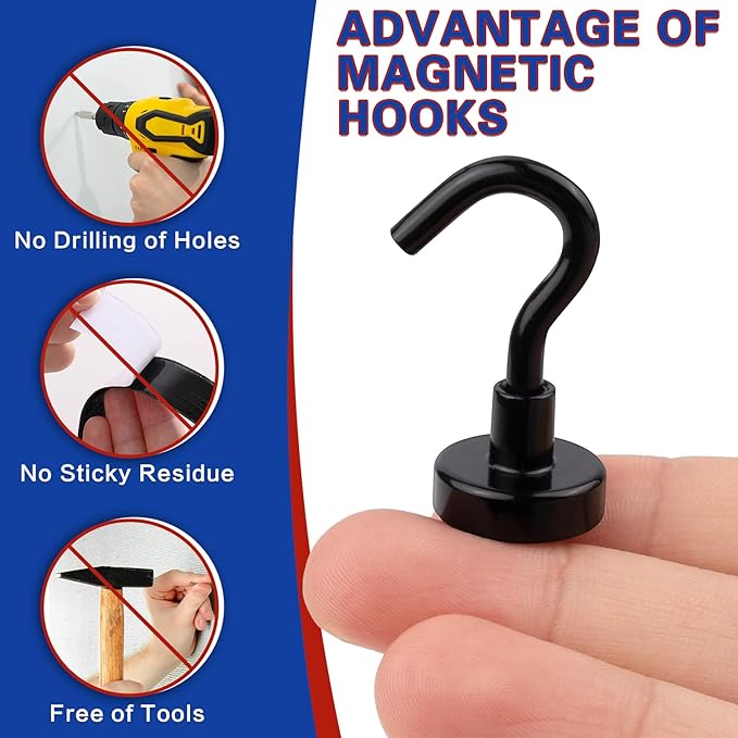 Black Magnetic Hooks, 40 Pack Magnetic Hooks for Cruise Cabins, 25lbs Magnet Hooks, Strong Magnetic Hook Heavy Duty, Magnets with Hooks, Metal Magnetic Hook for Hanging, Refrigerator