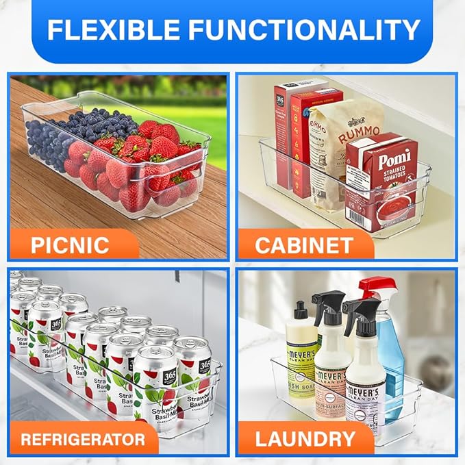 14-Piece Stackable Refrigerator Bin Organizer Set with Easy Grip Handles - Clear Multi-Purpose Storage Bins for Fridge and Pantry Use
