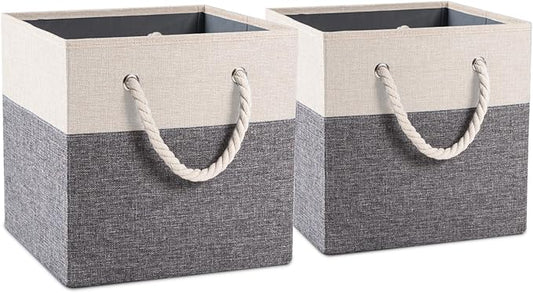 PRANDOM Large Foldable Cube Storage Bins 11x11 inch [2-Pack] Fabric Linen Storage Baskets Cubes Drawer with Cotton Handles Organizer for Shelves Nursery Closet Bedroom White and Grey