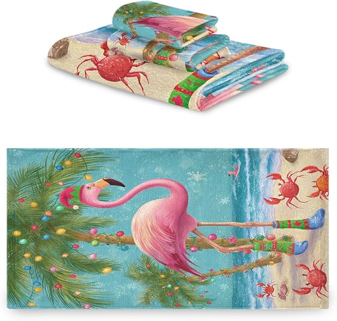 Christmas Winter Towels Set of 3 Christmas Tropical Flamingo Palm Tree Crab Bathroom Towel Soft Absorbent Bath Hand Towels Washcloth Guest Towel Sets Xmas Holiday Decor