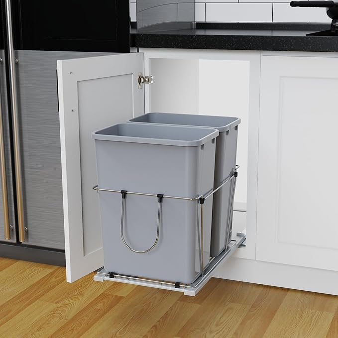 35QT Pull Out Trash Can for Under Sink Storage, Adjustable Sliding Drawer System, Doesn't Include Door Fittings (2*35 qt)