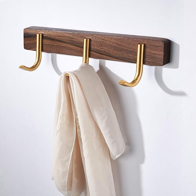SARIHOSY] Wall Mounted Coat Rack,Multi Hook Hangers,Entryway Hanging Coat Rack,Metal Wood Coat Rail with 3 Hooks，Walnut Wood,zinc Alloy,Bedroom,Bathroom,Foyer,Living Room,Metal Household Items