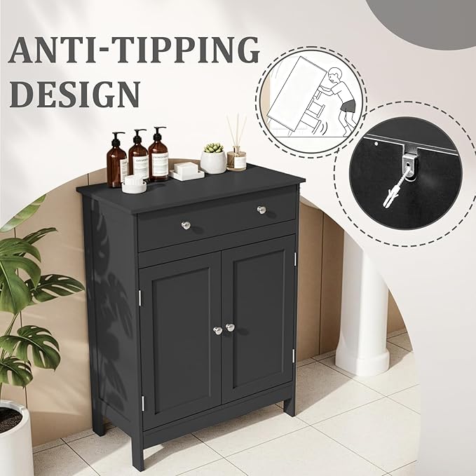 Karl home Black Floor Storage Cabinet, Freestanding Storage Unit with 2 Doors, Thin Toilet Organizer for Small Spaces，for Entryway, Bathroom