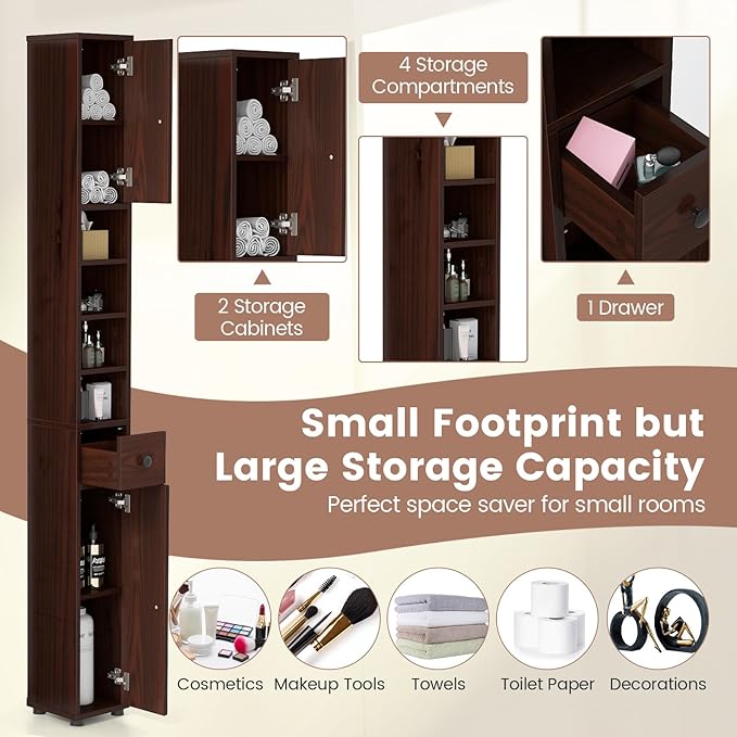 Tangkula Tall Slim Bathroom Storage Cabinet, 71" Freestanding Bathroom Cabinet w/ 2 Doors, 1 Drawer & 5 Adjustable Shelves, Floor Narrow Tower Cabinet for Small Spaces, 8" x 8" x 71" (Brown)