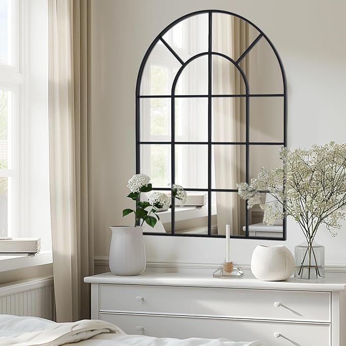Arched Windowpane Wall Mirror 30"x40" Black Wall Mounted Art Pane Mirror Farmhouse Decorative Mirror Leaning Hanging Wall Mirror for Bedroom Living Room Entrance Hallway Wall Decor