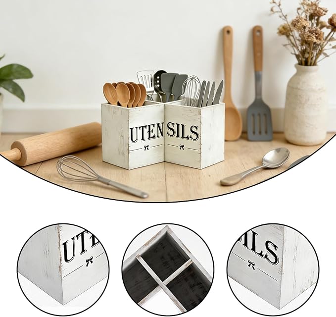 Extra Large Utensil Holder with 3 Compartments, Wooden Farmhouse Utensil Holder for Kitchen Countertop, Storing Tableware, Farmhouse Decor (Distressed White)