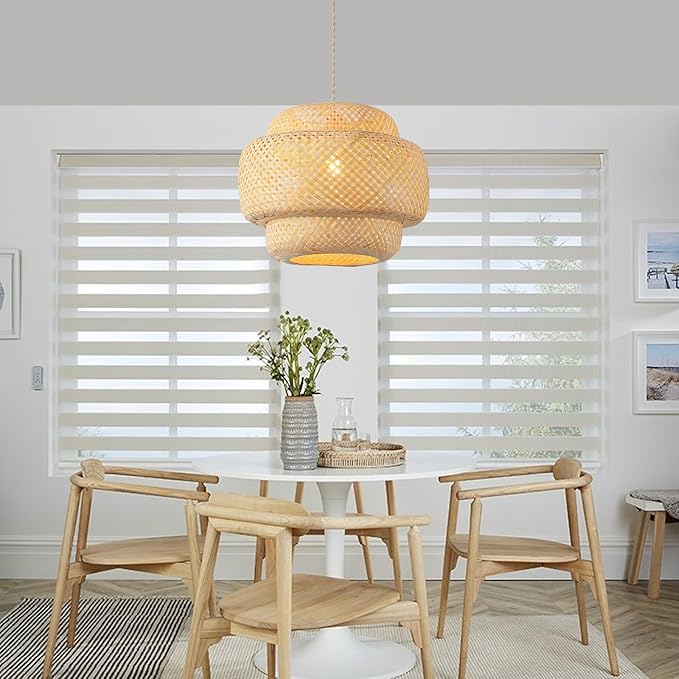 Bamboo Large Plug in Pendant Light with 14ft Handmade Woven Light Cord, Dimmable Switch, Boho Basket Handmade Woven Hanging Lamp for Kitchen Island Farmhouse Dining Room Living Room,16 inch Width