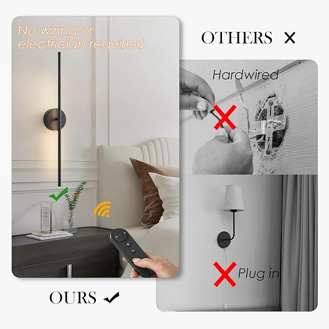 Battery Operated Wall Sconces, Dimmable Wall Sconces Set of Two, 350°Rotate, 3000K LED Black Wireless Wall Light for Living Room, Bedroom,Hallway, 32.2 Inch (2 Pack)