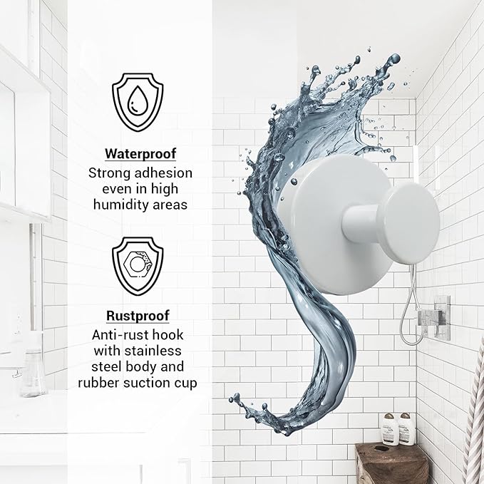 Suction Cup Hooks for Shower - 2 Pack, White - Stainless Steel, Strong Suction, No Drill, Removable Hanger, Tile Bathroom Kitchen Wall, Glass Door, Mirror Hook Hanging Robe, Towel Holder