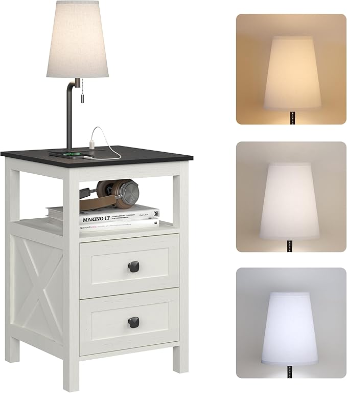 WOPITUES Nightstand with Charging Station, Farmhouse Night Stand with Drawers, Bedside Table, End Table for Bedroom, Living Room, Rustic White & Black