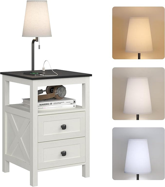 WOPITUES Nightstand with Charging Station, Farmhouse Night Stand with Drawers, Bedside Table, End Table for Bedroom, Living Room, Rustic White & Black