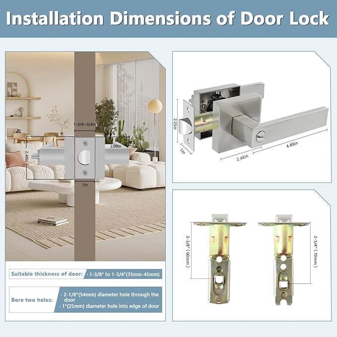KAMOTA Privacy Door Levers, 2 Pack Satin Nickel Door Handles Bed and Bath Door Locks Interior Keyless Locksets, Left and Right Hand Reversible