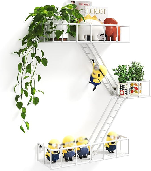 Fire Escape Shelf - 3 Tier Metal White Fire Escape Wall Shelves with Baskets, New York Action Figurine Display Shelf, Unique Rustic Floating Decorative Wall Shelves for Any Room