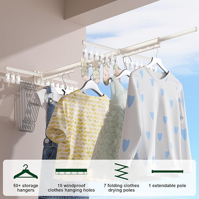 Clothes Drying Rack,2025 New Upgraded Laundry Drying Rack, Sturdy Wall Mounted Clothes Rack,with Additional 4 Branches and 20 Clips,Collapsible,Retractable,Ideal for Patio,Laundry,Bathroom