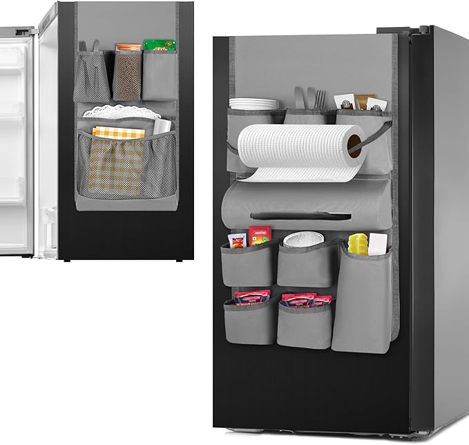 Weysat Mini Fridge Organizer with 14 Pockets Dorm Essentials Dust Cover for Household Refrigerators Mini Fridge Hanging Caddy Organizer Storage Bag for Kitchen Dorm Office Home School (Gray)