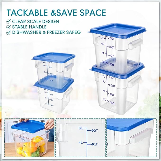 Lallisa 4 Pcs 8qt & 4qt Clear Food Storage Containers with Lids Handles and Scales, Stackable Plastic Square Food Storage Containers for Dough Proofing Baking Kitchen Restaurant(Blue)