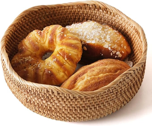 Bread Basket for Serving, Rattan Basket Bowl for Kitchen Counter, Natural Rattan Tray Wicker Baskets for Organizing, Decorative Bowl Bread Basket for Kitchen Counter Wicker Decor L ﻿