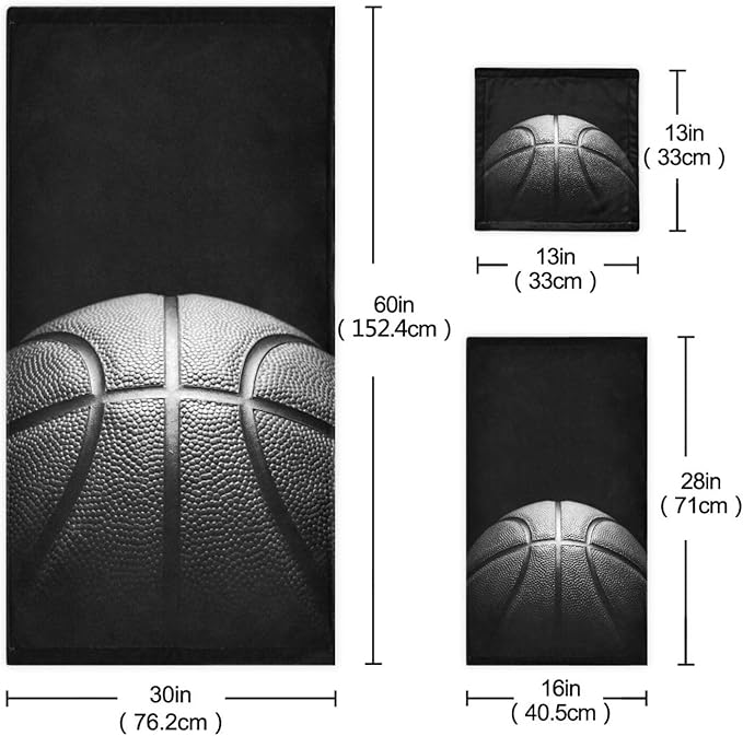 3 Piece Black Grey Basketball Bath Towels Set,Microfiber Absorbent Vintage Sport Themed Ball Print Towels for Bathroom,1 Bath Towel,1 Hand Towel,1 Washcloth,Decorative Guest Bathroom Towels