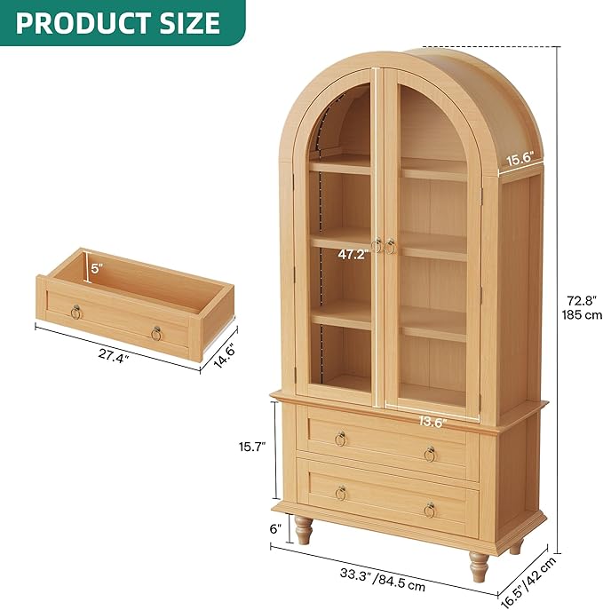 YITAHOME 73" Arched Pantry Cabinet with LED Lighting, 2 Drawers & Multi-Tier Shelves, Modern Farmhouse Kitchen Storage with Ambient Lighting for Dining Room, Natural