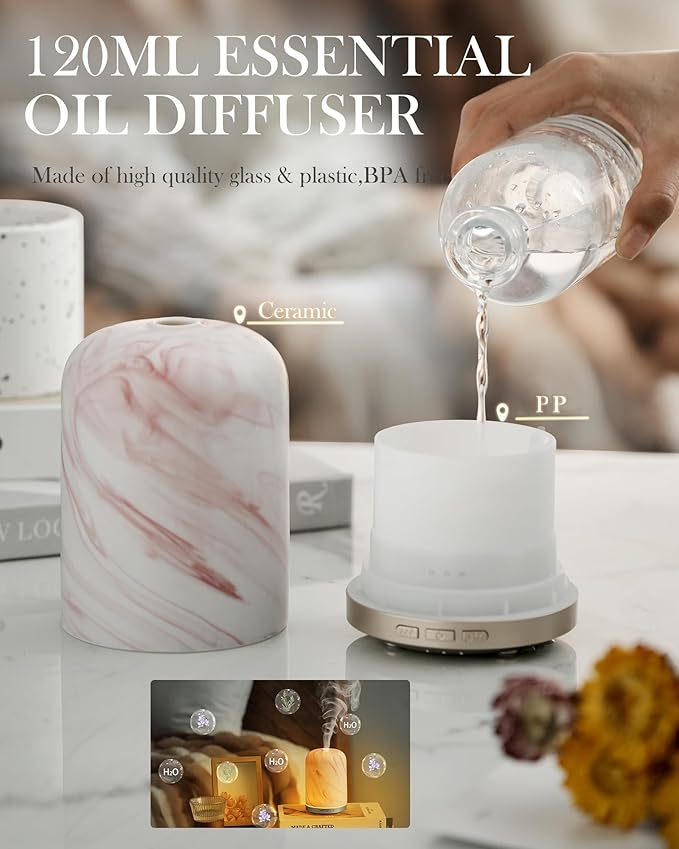 Essential Oil Diffuser - 2.4MHz Ultrasonic Ceramic Diffuser for Home, 120ml, Pulse&Continuous Mist, Bright/Dim/Breathing Lighting, Waterless Auto-Off, Aromatherapy Diffuser with USB Cable