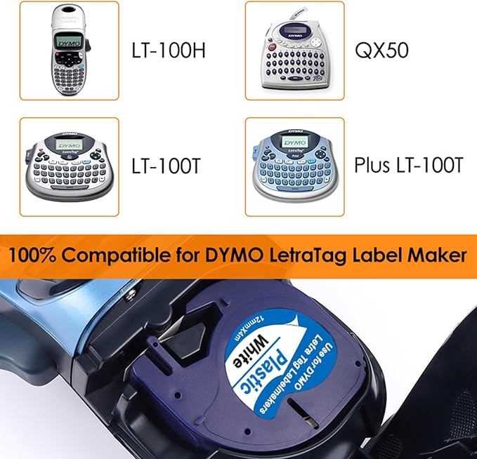 10 Pack Compatible with Dymo Letratag Refills 91201 91331 S0721660 Label Maker Tape White Plastic 12mm x 4m 1/2" x 13', Work with Dymo Letra Tag LT-100H LT-100T Plus 200B QX50 XR XM 2000