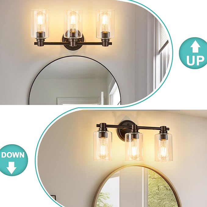 Bathroom Light Fixtures Wall Sconce Light with Clear Glass Oil Rubbed Bronze 3 Lights Bathroom Lighting Over Mirror Vanity Lights for Living Room,Bedroom,Restroom,Hallway E26 Base