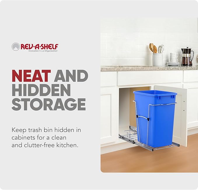 Rev-A-Shelf Pullout Trash Can for Under Kitchen Cabinets 35 Qt Garbage Waste Recyling Bin with Full Extension Slides, Blue, RV-12KD-22C-S