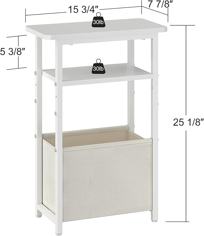 Narrow Side Table Set of 2, Skinny End Tables with Fabric Basket, Small Side Tables for Small Space,2-Tier Open Shelves with Basket, Slim Nightstands Set 2 for Bedroom,Livinroom,Office,White